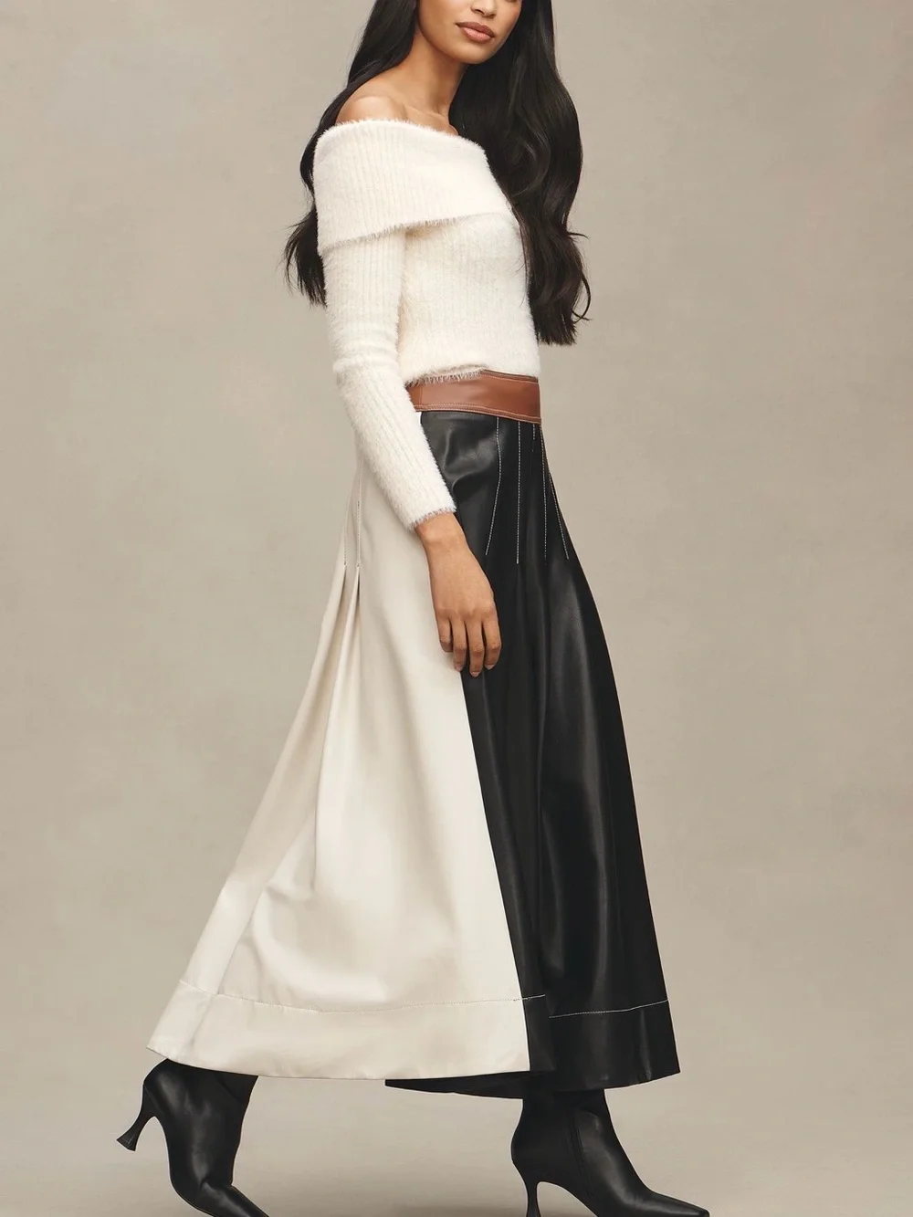 By Anthropologie Faux-Leather Colorblock Pleated Maxi Skirt Size 2 NWT